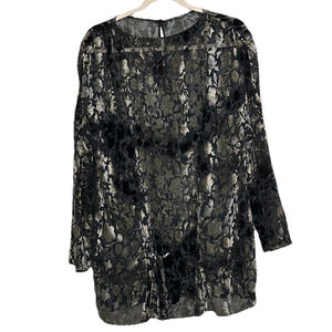 Womens Black Velvet Burnout Tunic Top Long Sleeve Black Gray Tie Waist Size XXL‎